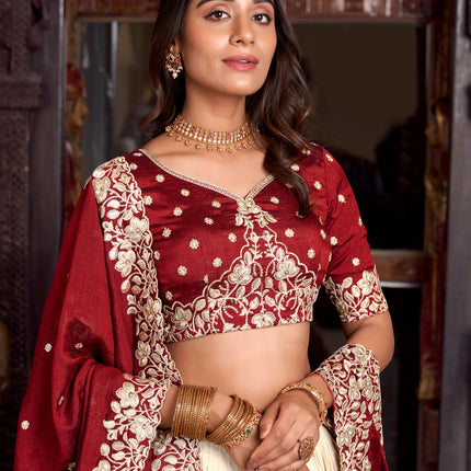 Lorenvalley Off White Tussar Silk Printed With Foil Work Lehenga Choli with Dupatta