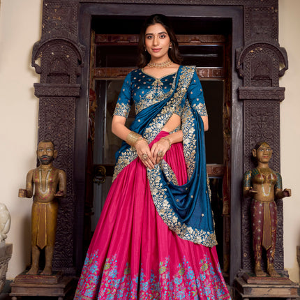 Lorenvalley Pink Tussar Silk Printed With Foil Work Lehenga Choli with Dupatta