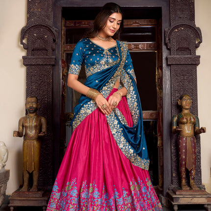 Lorenvalley Pink Tussar Silk Printed With Foil Work Lehenga Choli with Dupatta