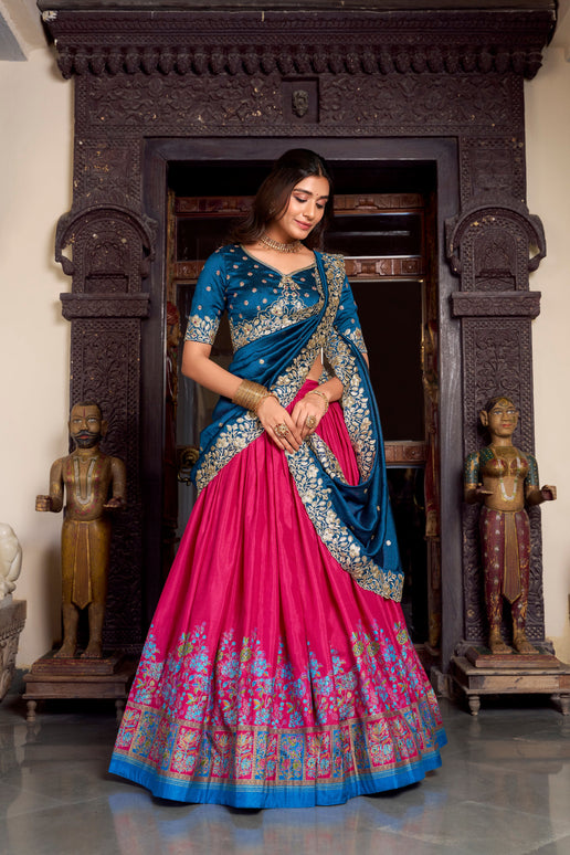 Lorenvalley Pink Tussar Silk Printed With Foil Work Lehenga Choli with Dupatta