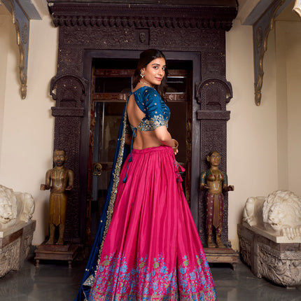 Lorenvalley Pink Tussar Silk Printed With Foil Work Lehenga Choli with Dupatta