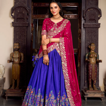 Lorenvalley Royal Blue Tussar Silk Printed With Foil Work Lehenga Choli with Dupatta