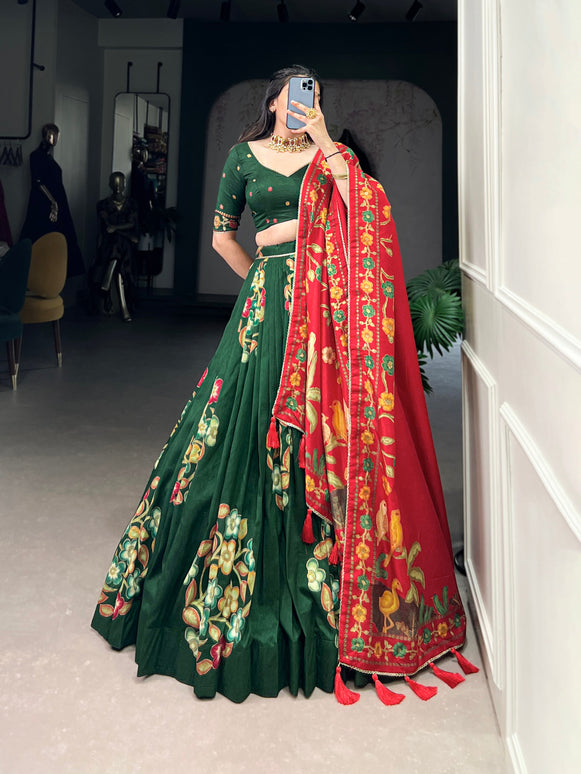 Lorenvalley Green Tussar Silk Printed And Foil Work With Lace Touch Up Lehenga Choli with Dupatta