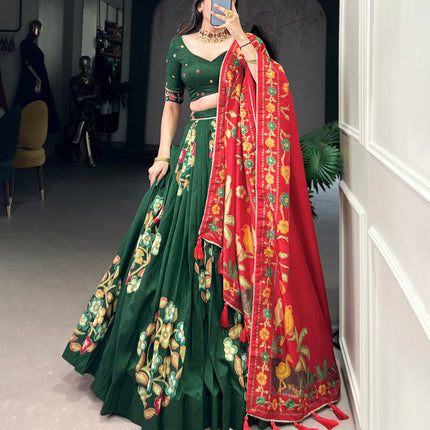 Lorenvalley Green Tussar Silk Printed And Foil Work With Lace Touch Up Lehenga Choli with Dupatta