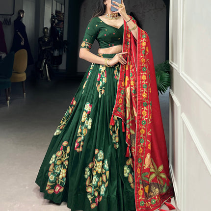 Lorenvalley Green Tussar Silk Printed And Foil Work With Lace Touch Up Lehenga Choli with Dupatta