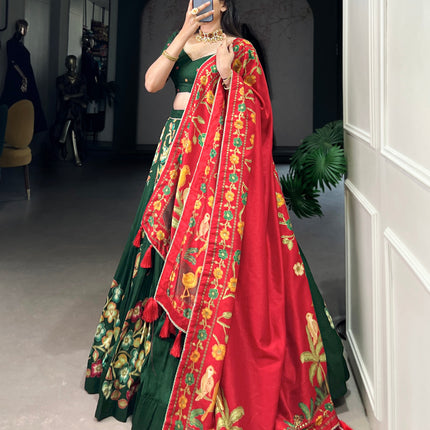 Lorenvalley Green Tussar Silk Printed And Foil Work With Lace Touch Up Lehenga Choli with Dupatta