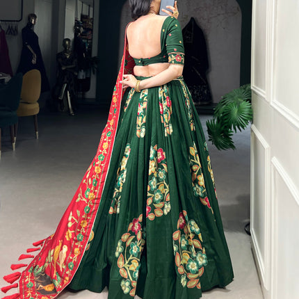 Lorenvalley Green Tussar Silk Printed And Foil Work With Lace Touch Up Lehenga Choli with Dupatta