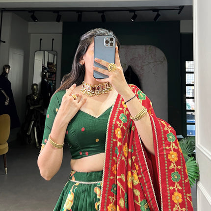 Lorenvalley Green Tussar Silk Printed And Foil Work With Lace Touch Up Lehenga Choli with Dupatta