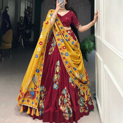 Lorenvalley Maroon Tussar Silk Printed And Foil Work With Lace Touch Up Lehenga Choli with Dupatta