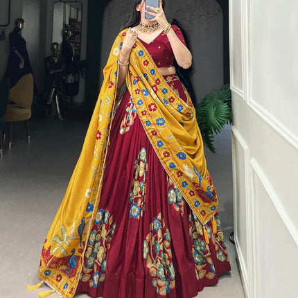 Lorenvalley Maroon Tussar Silk Printed And Foil Work With Lace Touch Up Lehenga Choli with Dupatta
