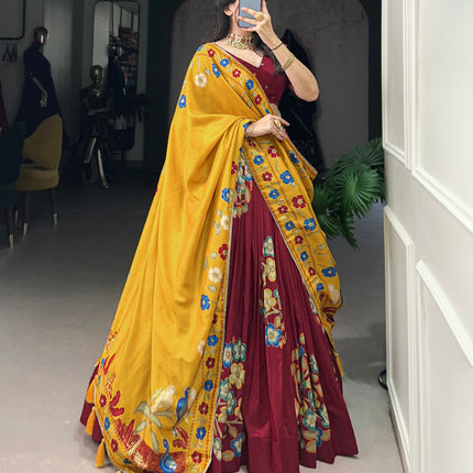 Lorenvalley Maroon Tussar Silk Printed And Foil Work With Lace Touch Up Lehenga Choli with Dupatta