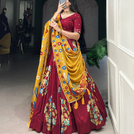 Lorenvalley Maroon Tussar Silk Printed And Foil Work With Lace Touch Up Lehenga Choli with Dupatta
