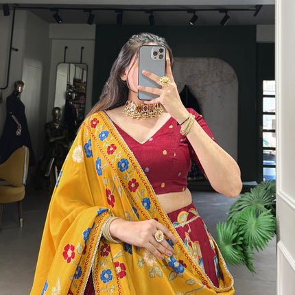 Lorenvalley Maroon Tussar Silk Printed And Foil Work With Lace Touch Up Lehenga Choli with Dupatta