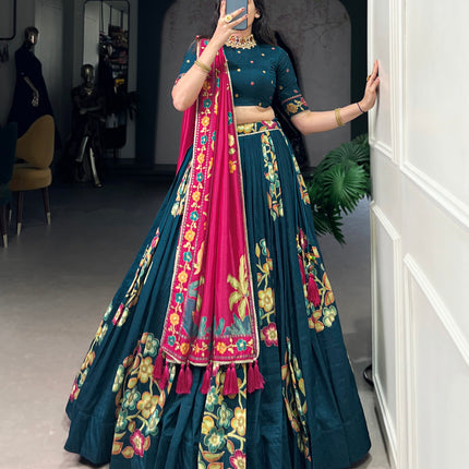 Lorenvalley Teal Tussar Silk Printed And Foil Work With Lace Touch Up Lehenga Choli with Dupatta