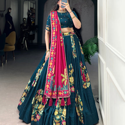 Lorenvalley Teal Tussar Silk Printed And Foil Work With Lace Touch Up Lehenga Choli with Dupatta