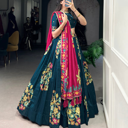 Lorenvalley Teal Tussar Silk Printed And Foil Work With Lace Touch Up Lehenga Choli with Dupatta