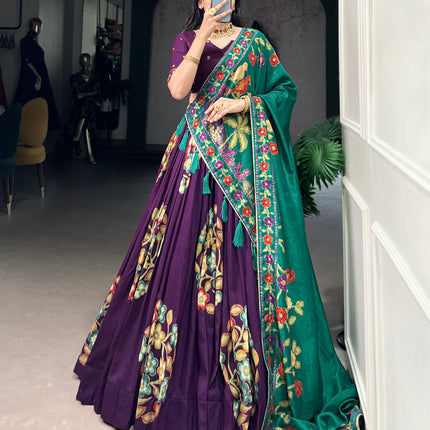 Lorenvalley Purple Tussar Silk Printed And Foil Work With Lace Touch Up Lehenga Choli with Dupatta