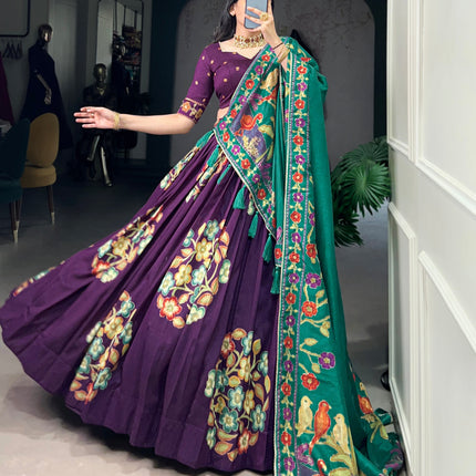 Lorenvalley Purple Tussar Silk Printed And Foil Work With Lace Touch Up Lehenga Choli with Dupatta