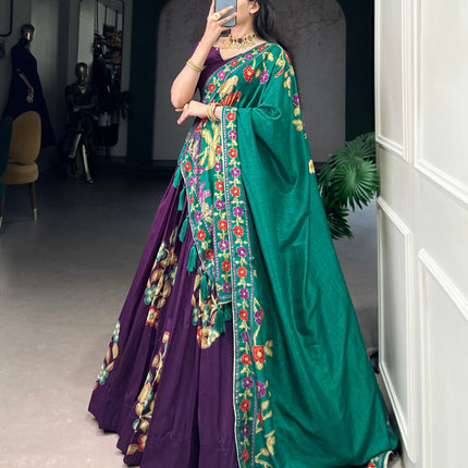 Lorenvalley Purple Tussar Silk Printed And Foil Work With Lace Touch Up Lehenga Choli with Dupatta