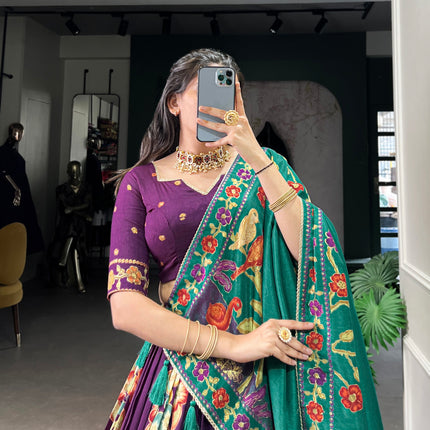 Lorenvalley Purple Tussar Silk Printed And Foil Work With Lace Touch Up Lehenga Choli with Dupatta