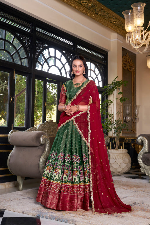 Lorenvalley Green Kanchipuram Printed With Zari Weaving Work Lehenga Choli with Dupatta