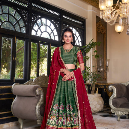 Lorenvalley Green Kanchipuram Printed With Zari Weaving Work Lehenga Choli with Dupatta