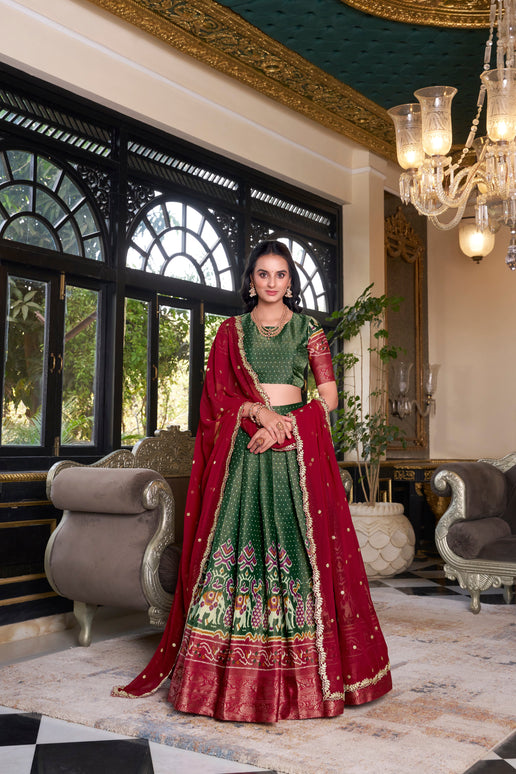 Lorenvalley Green Kanchipuram Printed With Zari Weaving Work Lehenga Choli with Dupatta