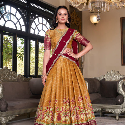 Lorenvalley Mustard Kanchipuram Printed With Zari Weaving Work Lehenga Choli with Dupatta