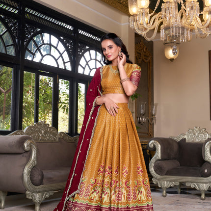 Lorenvalley Mustard Kanchipuram Printed With Zari Weaving Work Lehenga Choli with Dupatta