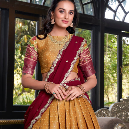 Lorenvalley Mustard Kanchipuram Printed With Zari Weaving Work Lehenga Choli with Dupatta