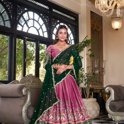 Lorenvalley Pink Kanchipuram Printed With Zari Weaving Work Lehenga Choli with Dupatta