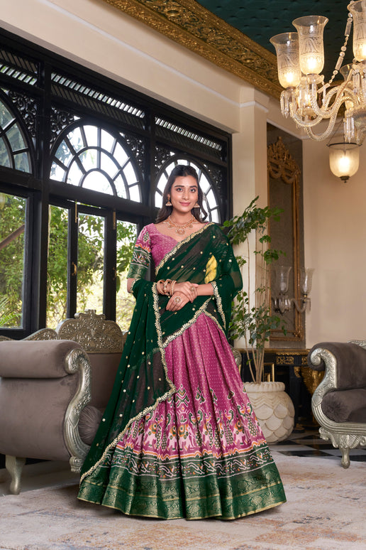 Lorenvalley Pink Kanchipuram Printed With Zari Weaving Work Lehenga Choli with Dupatta