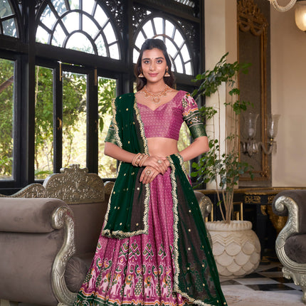 Lorenvalley Pink Kanchipuram Printed With Zari Weaving Work Lehenga Choli with Dupatta