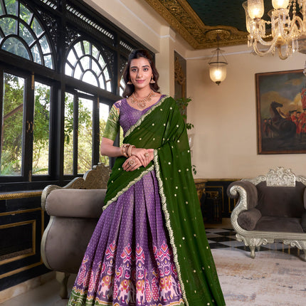 Lorenvalley Purple Kanchipuram Printed With Zari Weaving Work Lehenga Choli with Dupatta