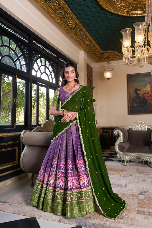 Lorenvalley Purple Kanchipuram Printed With Zari Weaving Work Lehenga Choli with Dupatta
