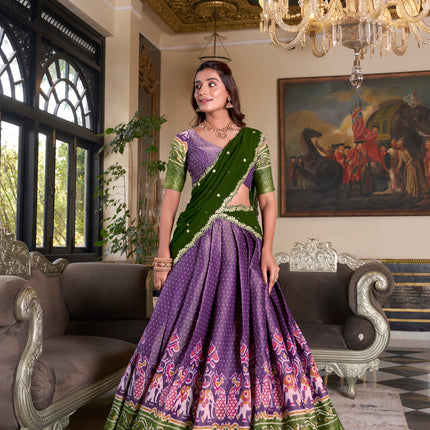 Lorenvalley Purple Kanchipuram Printed With Zari Weaving Work Lehenga Choli with Dupatta