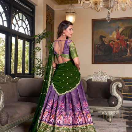 Lorenvalley Purple Kanchipuram Printed With Zari Weaving Work Lehenga Choli with Dupatta