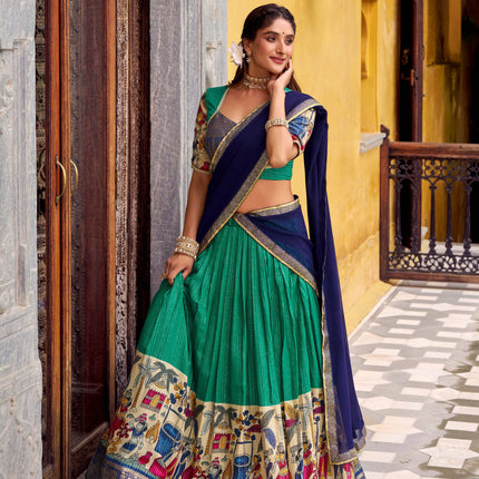 Lorenvalley Fashion Multicolor Poly Chanderi Zari Stripe Kalamkari Printed With Zari Weaving Work Lehenga Choli with Dupatta