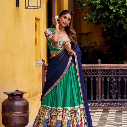 Lorenvalley Fashion Multicolor Poly Chanderi Zari Stripe Kalamkari Printed With Zari Weaving Work Lehenga Choli with Dupatta