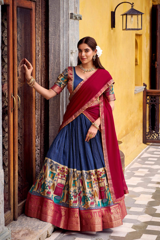 Lorenvalley Fashion Multicolor Poly Chanderi Zari Stripe Kalamkari Printed With Zari Weaving Work Lehenga Choli with Dupatta