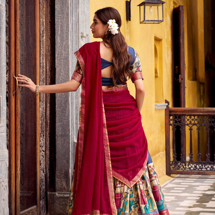 Lorenvalley Fashion Multicolor Poly Chanderi Zari Stripe Kalamkari Printed With Zari Weaving Work Lehenga Choli with Dupatta