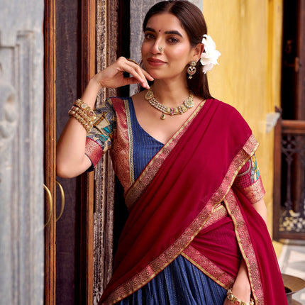 Lorenvalley Fashion Multicolor Poly Chanderi Zari Stripe Kalamkari Printed With Zari Weaving Work Lehenga Choli with Dupatta