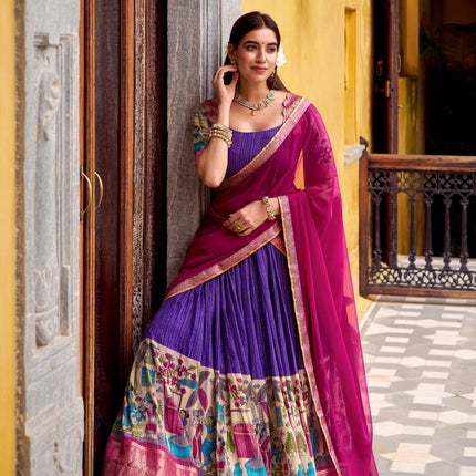 Lorenvalley Fashion Multicolor Poly Chanderi Zari Stripe Kalamkari Printed With Zari Weaving Work Lehenga Choli with Dupatta