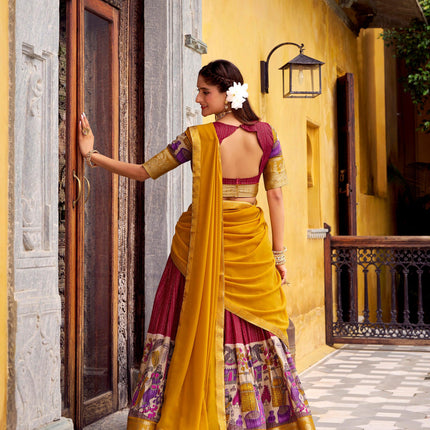 Lorenvalley Fashion Multicolor Poly Chanderi Zari Stripe Kalamkari Printed With Zari Weaving Work Lehenga Choli with Dupatta