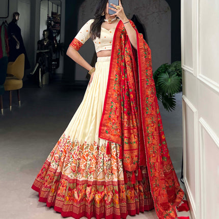 Lorenvalley Off White Tussar Silk Printed With Foil Work Lehenga Choli with Dupatta