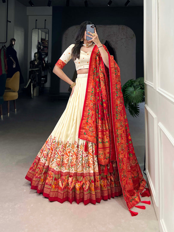 Lorenvalley Off White Tussar Silk Printed With Foil Work Lehenga Choli with Dupatta