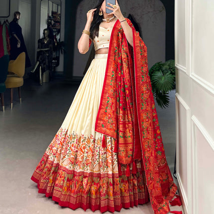 Lorenvalley Off White Tussar Silk Printed With Foil Work Lehenga Choli with Dupatta