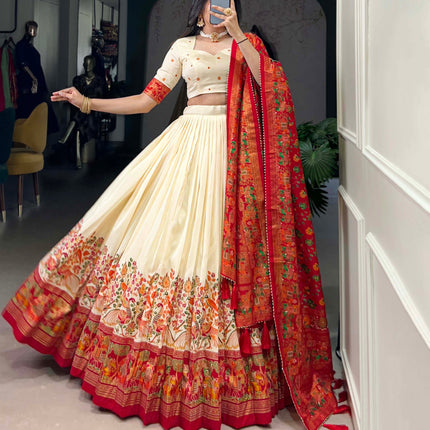 Lorenvalley Off White Tussar Silk Printed With Foil Work Lehenga Choli with Dupatta