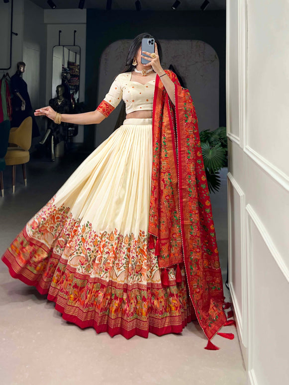 Lorenvalley Off White Tussar Silk Printed With Foil Work Lehenga Choli with Dupatta
