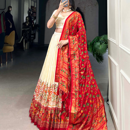 Lorenvalley Off White Tussar Silk Printed With Foil Work Lehenga Choli with Dupatta